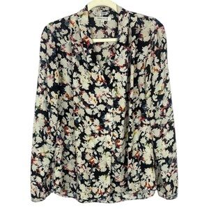 Rose & Olive Black & Cream Floral Buttoned Blouse with Notched Collar Size Large